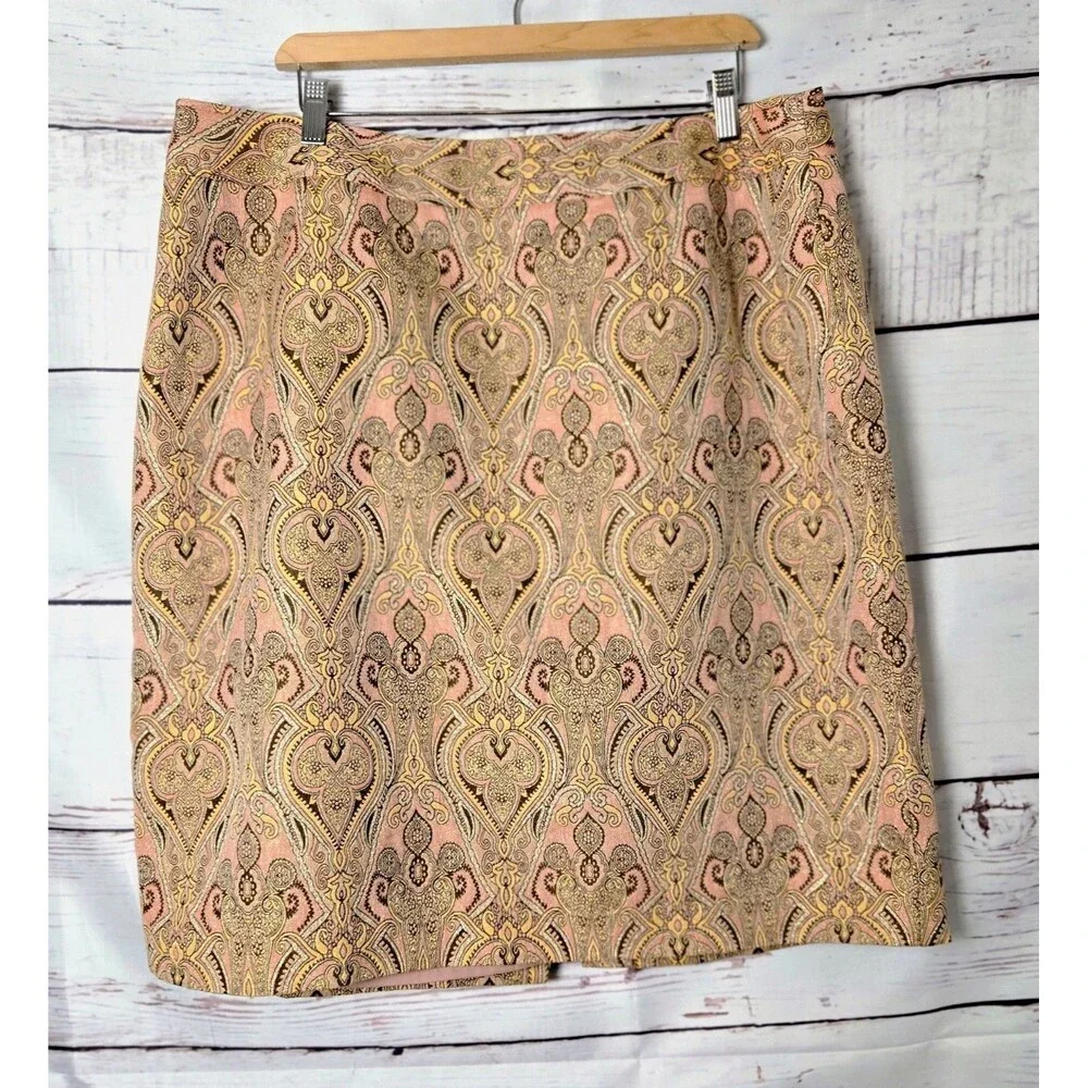 Talbots Womens Skirt Size 22W Pink Gold Metallic Paisley Brocade Pencil Work